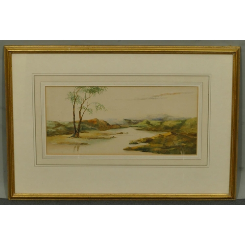 247 - A watercolour depicting river landscape with hills in background, unsigned, in gilt frame, 15 x 32cm... 