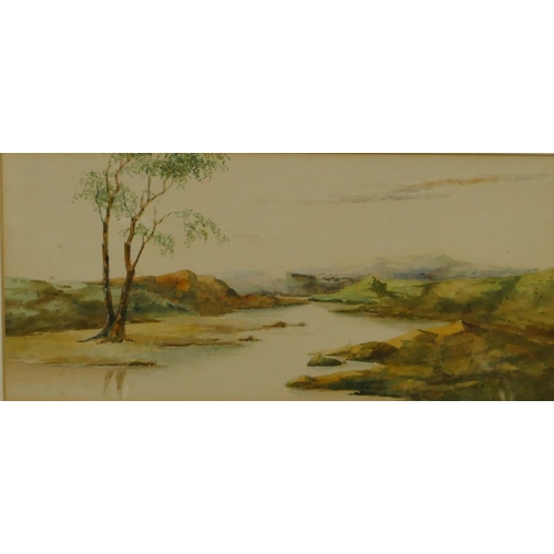 247 - A watercolour depicting river landscape with hills in background, unsigned, in gilt frame, 15 x 32cm... 