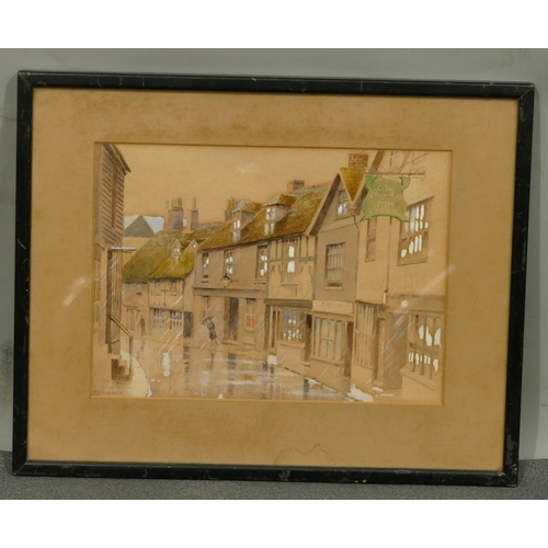 255 - PCC Davis watercolour and gouache street scene in the rain, signed, in black frame, 16 x 22cm.