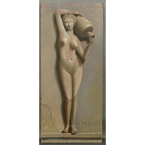 261 - Frederick Coates oil on board, full length portrait of a female nude sculpture, signed and dated 197... 