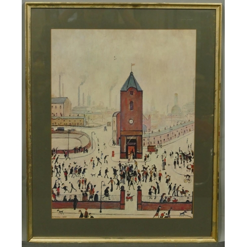 262 - A coloured Lowry print depicting figures in front of church, framed, 60 x 45cm.