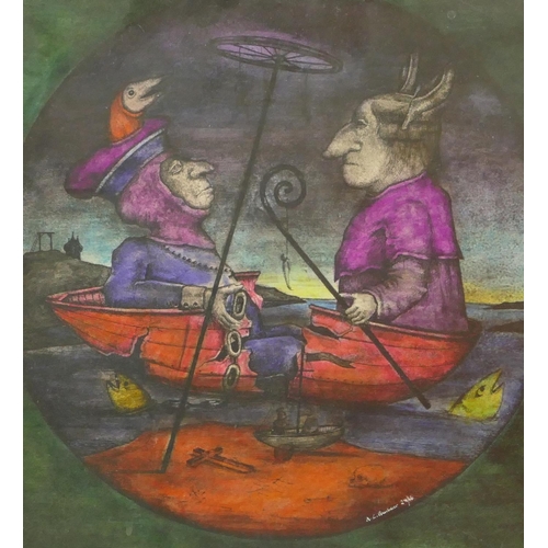 263 - AG Bucherer circular colourful print of 2 unusual figures in rowing boat, indistinctly signed and nu... 