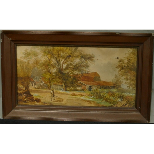 264 - A small watercolour depicting farmer with farm buildings in background, in brown frame, 11.5 x 23cm.