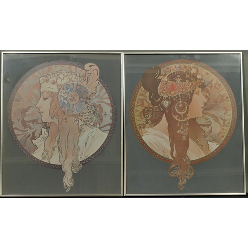 266 - A pair of coloured Art Nouveau style prints after Mucha depicting shoulder length portraits of ladie... 