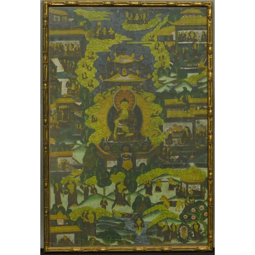 269 - An Eastern oil mounted on panel depicting various seated and other gods, in gilt bamboo style frame,... 