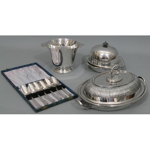 274 - An oval silver plated 2-handled entree dish with cover enclosing liner, a silver plated muffin dish ... 