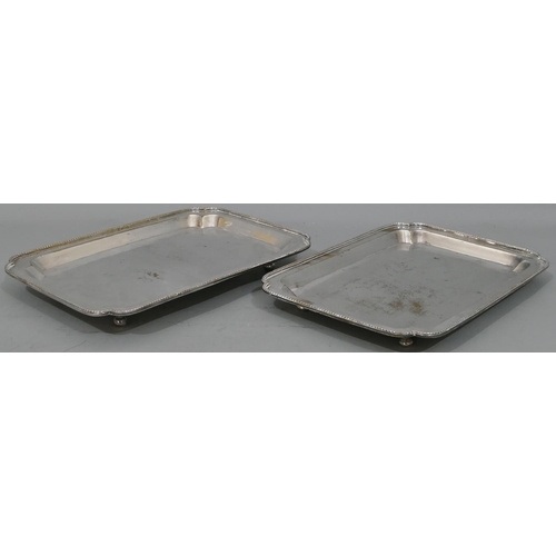 276 - 2 similar silver plated rectangular shaped trays with full ball rims, part etched floral decoration ... 