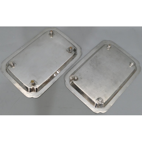 276 - 2 similar silver plated rectangular shaped trays with full ball rims, part etched floral decoration ... 