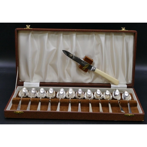 289 - A set of 12 silver grapefruit spoons (with plated knife) in fitted brown leather case, makers mark C... 