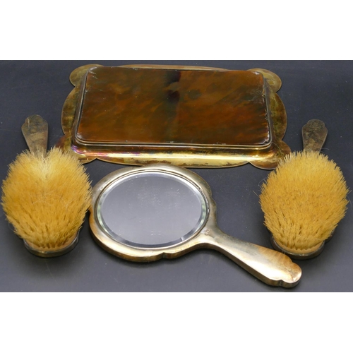 290 - A George V 4-piece silver gilt and tortoiseshell dressing table set comprising rectangular scallop s... 