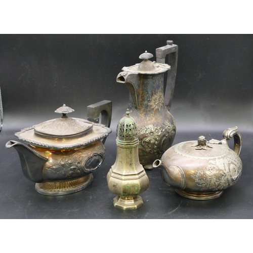 294 - A silver plated rectangular bulbous shaped teapot with embossed decoration, a similar hot water jug,... 