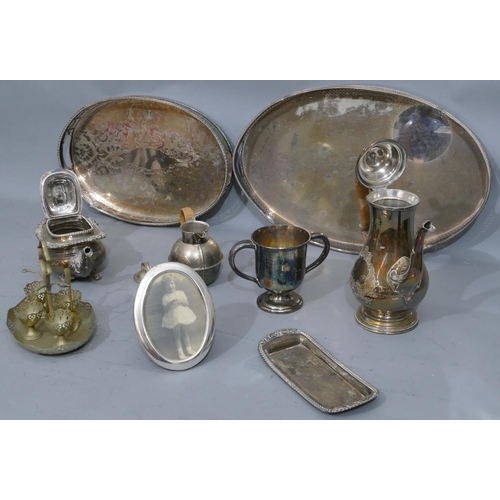 296 - A silver plated round bulbous shaped teapot, another plated teapot, 2 oval plated trays and a small ... 