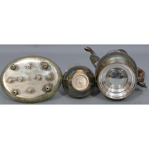 296 - A silver plated round bulbous shaped teapot, another plated teapot, 2 oval plated trays and a small ... 