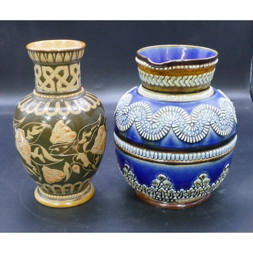 30 - A 19th Century Doulton and Lambeth stoneware glazed round bulbous thin necked trumpet shaped vase on... 