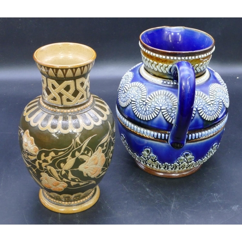 30 - A 19th Century Doulton and Lambeth stoneware glazed round bulbous thin necked trumpet shaped vase on... 