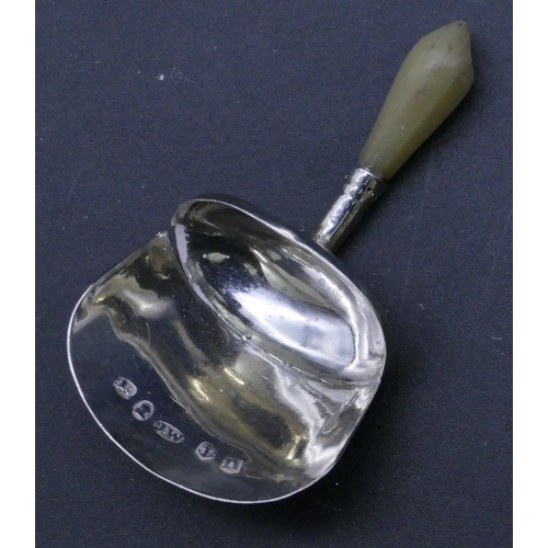 304 - A George III silver caddy spoon with Mother of Pearl handle and shovel shaped bowl, Birmingham 1811,... 