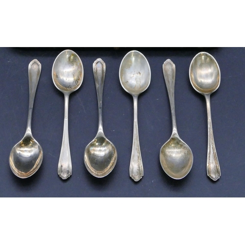 308 - A set of 6 Sheffield silver coffee spoons, makers mark HA, in fitted black leather case, 1.6oz.