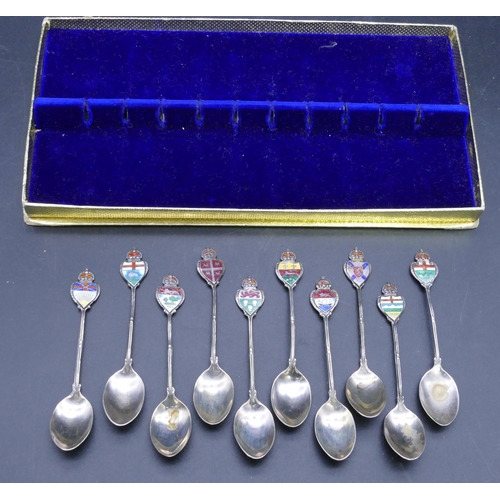 319 - A set of 10 Canadian sterling silver souvenir teaspoons with enamelled crest motifs, boxed, 2.9oz gr... 