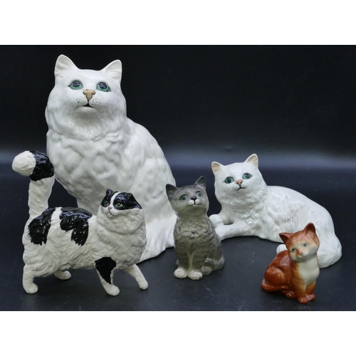 32 - A Royal Doulton figure of a black and white cat, 12.5cm wide and 4 various Beswick figures of cats. ... 