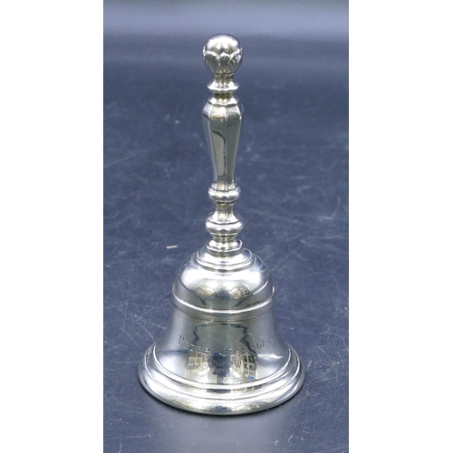 324 - A modern Birmingham silver handbell with octagonal bulbous shaped handle, 12cm high, 4.8oz (engraved... 