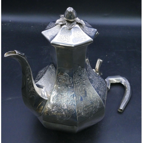 332 - An early Victorian octagonal bulbous shaped silver teapot with all over engraved decoration, London ... 