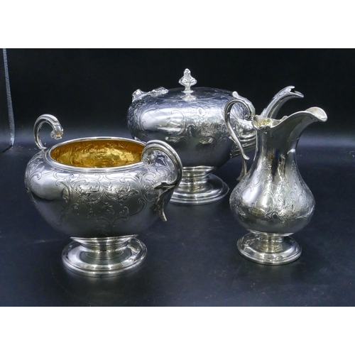 333 - An early Victorian Scottish silver 3-piece round bulbous shaped tea service with all over engraved a... 