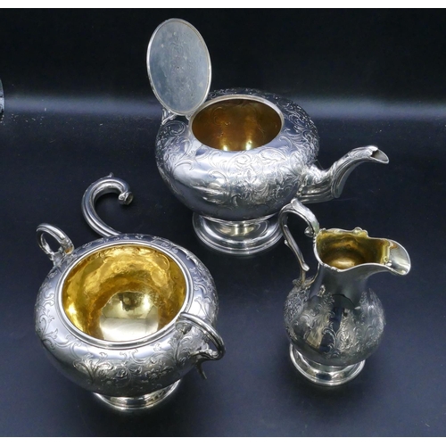 333 - An early Victorian Scottish silver 3-piece round bulbous shaped tea service with all over engraved a... 