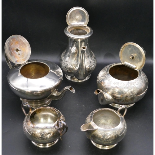 335 - A 4-piece silver plated round bulbous shaped tea and coffee service with engraved decoration, teapot... 