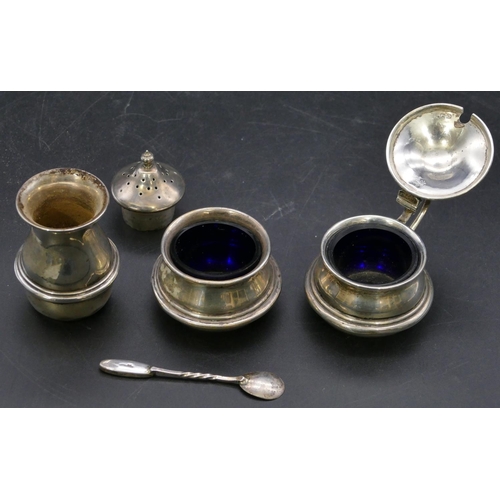 336 - A 3-piece Birmingham silver round bulbous shaped condiment set, mustard pot with hinged lid enclosin... 