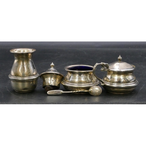 336 - A 3-piece Birmingham silver round bulbous shaped condiment set, mustard pot with hinged lid enclosin... 