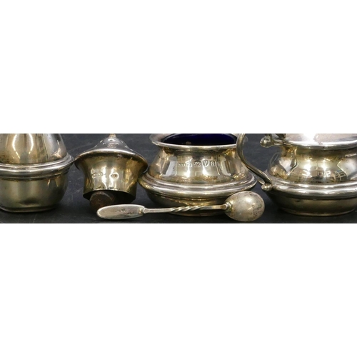 336 - A 3-piece Birmingham silver round bulbous shaped condiment set, mustard pot with hinged lid enclosin... 