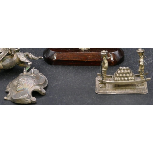 337 - A Sterling silver small model of a ship on hardwood stand and 2 other silver coloured metal small gr... 