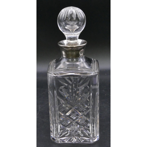 341 - A square cut glass decanter with stopper with Birmingham silver neck, engraved 1950/75, 26.5cm high.