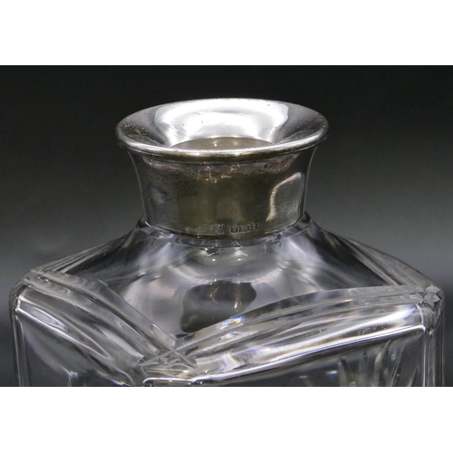 341 - A square cut glass decanter with stopper with Birmingham silver neck, engraved 1950/75, 26.5cm high.