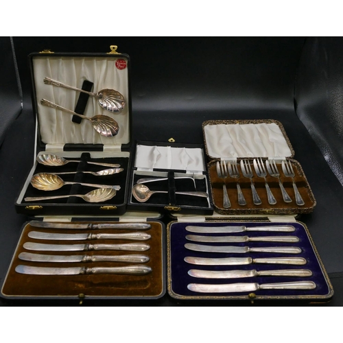 347 - A set of 5 Sheffield silver handled butter knives, cased, a set of 6 plated butter knives, cased, a ... 