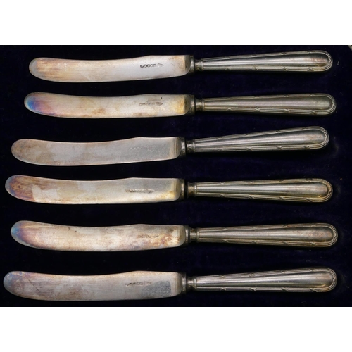 347 - A set of 5 Sheffield silver handled butter knives, cased, a set of 6 plated butter knives, cased, a ... 