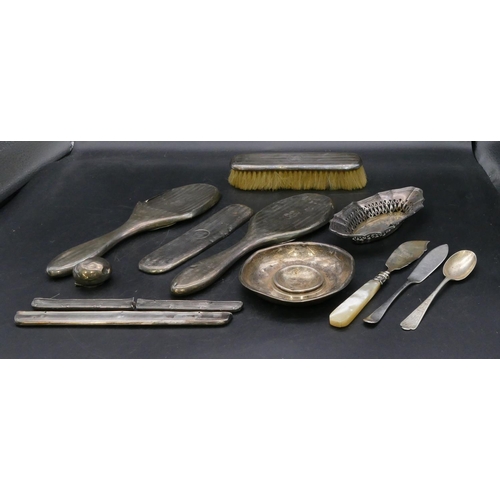 348 - 2 Birmingham silver hand mirrors (no mirrors and both dented), 2 silver dishes and a small quantity ... 