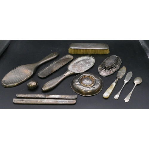 348 - 2 Birmingham silver hand mirrors (no mirrors and both dented), 2 silver dishes and a small quantity ... 