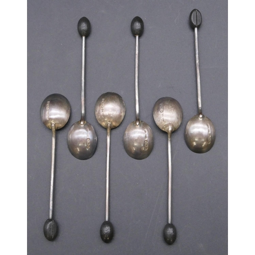 349 - A set of 6 Sheffield silver coffee bean spoons in fitted leather case, 1.1oz.