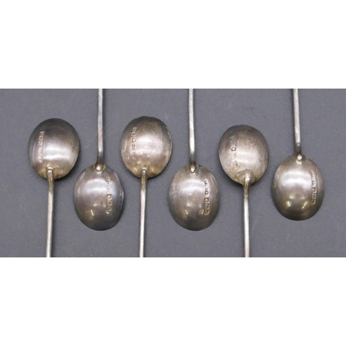 349 - A set of 6 Sheffield silver coffee bean spoons in fitted leather case, 1.1oz.