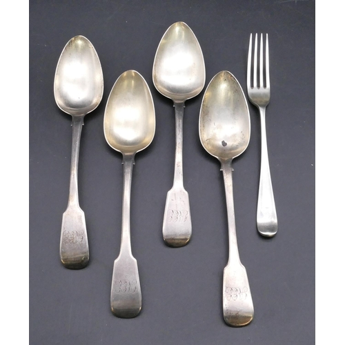 353 - 4 Georgian silver serving spoons and a Birmingham silver fork, 11.6oz.