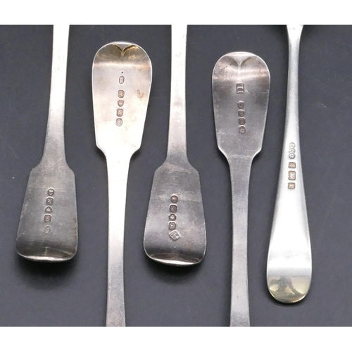 353 - 4 Georgian silver serving spoons and a Birmingham silver fork, 11.6oz.