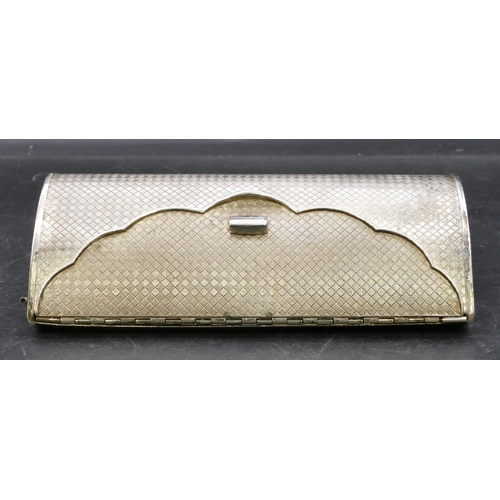 354 - A ladies silver plated evening purse with hinged top, enclosed part mirror (no chain), 19cm wide.