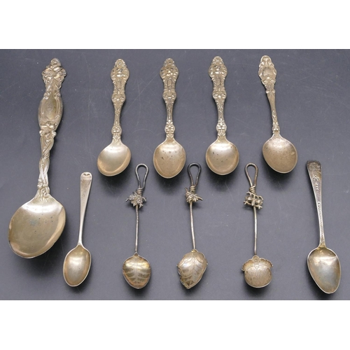 357 - A Sterling silver tablespoon, 4 Sterling silver teaspoons, 5 various odd silver and Continental silv... 