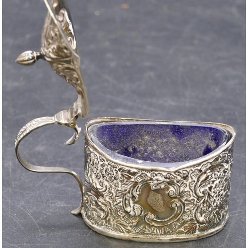 360 - A London silver boat shaped salt with blue glass liner on oval sweeping base and a Sheffield silver ... 