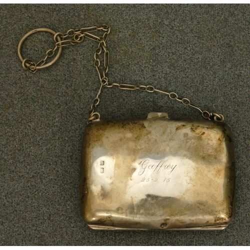 361 - A Birmingham silver evening purse with chain and hinged front, 2oz gross.