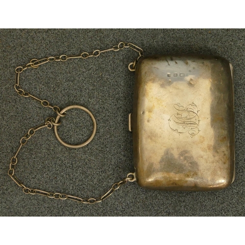 361 - A Birmingham silver evening purse with chain and hinged front, 2oz gross.