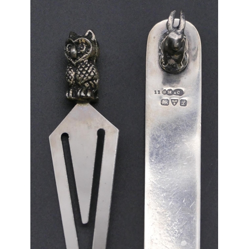 367 - S Mordan & Co silver bookmark mounted with rabbit motif, Chester 1911, a silver plated bookmark with... 