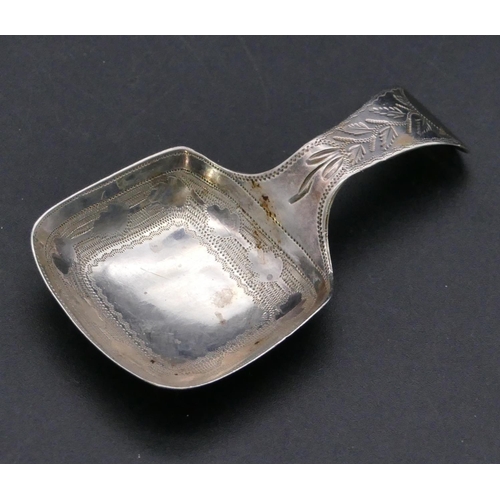 370 - A George III silver caddy spoon with square shaped bowl with etched decoration, Birmingham 1810, mak... 