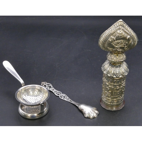 383 - A Victorian Birmingham silver jam spoon with shell shaped bowl with pierced handled, an Eastern silv... 